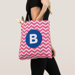 Felle roze en witte Chevron-patroon monogram Tote Bag