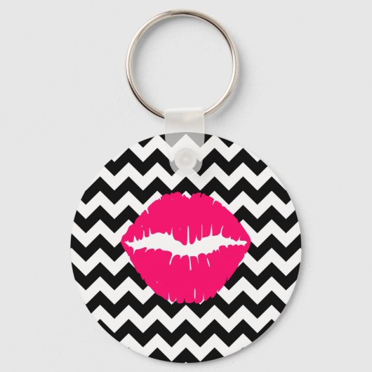 Felle roze lippen op zwart-wit zigzag sleutelhanger (Voorkant)
