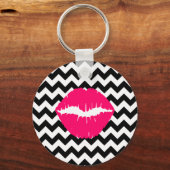 Felle roze lippen op zwart-wit zigzag sleutelhanger (Voorkant)
