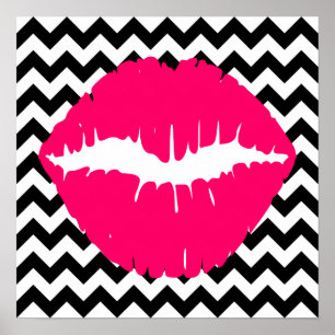 Felle roze lippen op zwart-wit zigzagpatroon poster