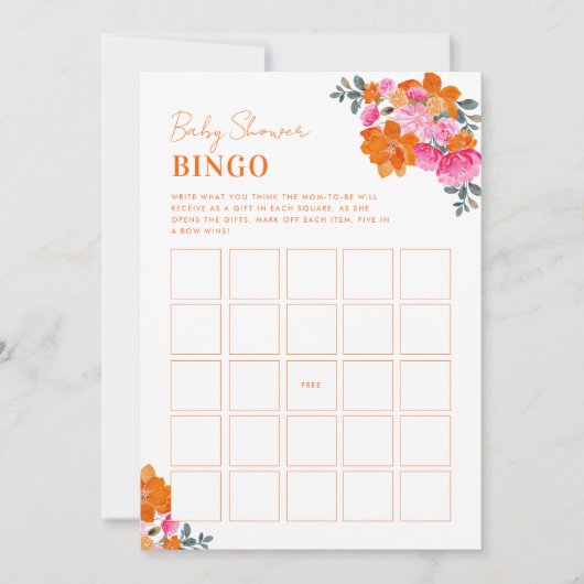 Felle Roze Oranje Bloemige Baby Shower Bingo Spel Kaart (Voorkant)