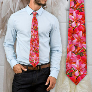 Felle Roze Oranje Hawaïaans Plumeria Print Stropdas