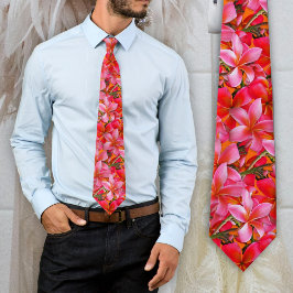 Felle Roze Oranje Hawaïaanse Plumeria Print Stropdas