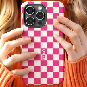 Felle Roze Retro Geruit Patroon Monogram iPhone 15 Case
