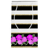 Felle roze rozen op zwart, wit, gouden cadeautas (Voorkant)