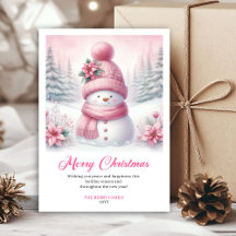 Felle roze sneeuwman Kerstmis kinderlijke kaart 