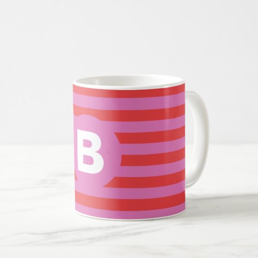Felle roze tinten gestreepte monogrammen koffiemok (Voorkant rechts)