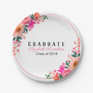 Felle Roze Waterverf Bloemengraduatiefeest Papieren Bordje