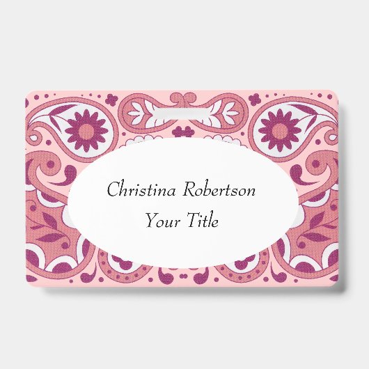 Felle roze witte paisleyontwerp bloemen traan drup badge (Voorzijde)