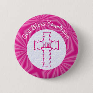 Felle roze zig-zag christelijk kruis wit roze ronde button 5,7 cm