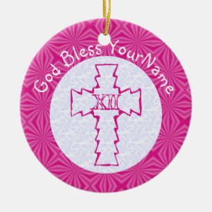 Felle roze zigzagkruis op wit en hete roze keramisch ornament