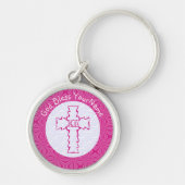 Felle roze zigzagkruis op wit en hete roze sleutelhanger (Voorkant)