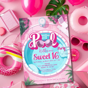 Felle Roze Zwembad Feest Meisjesachtig Sweet 16 Ze Kaart