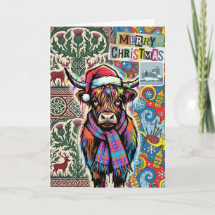Felle Schotse Kerstkaart met Hooglanders in Tartan Kaart