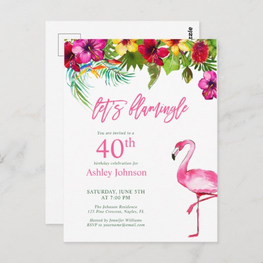 Felle Tropische Roze Laten we Flamingo 40e Verjaar Briefkaart (Voorkant / Achterkant)