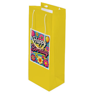 Felle Verjaardagsbloemen en Ballonnen Geel Wijn Cadeautas