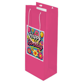 Felle Verjaardagsbloemen en Ballonnen Wijn Cadeautas