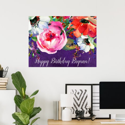 Felle waterverf bloemenpaars chic feestbanner poster (Thuiskantoor)