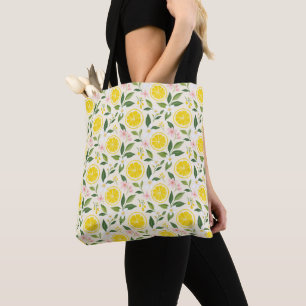 Felle zomer gele citroenen en bloemen tote bag