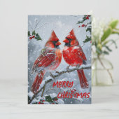 Felrode kardinalen op een besneeuwde tak feestdagenkaart (Staand voorkant)