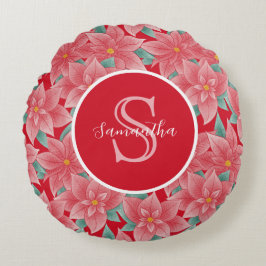 Felrode poinsettia gepersonaliseerde monogram rond kussen