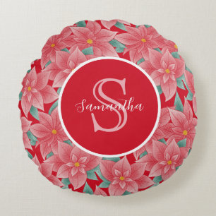 Felrode poinsettia gepersonaliseerde monogram rond kussen