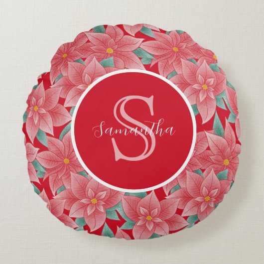 Felrode poinsettia gepersonaliseerde monogram rond kussen (Voorkant)