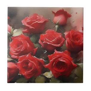 felrode rozen tuin waterverf schilderij tegeltje