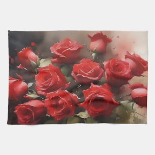 felrode rozen tuin waterverf schilderij theedoek