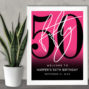 Felroze 50ste verjaardagsfeest welkomstbord poster