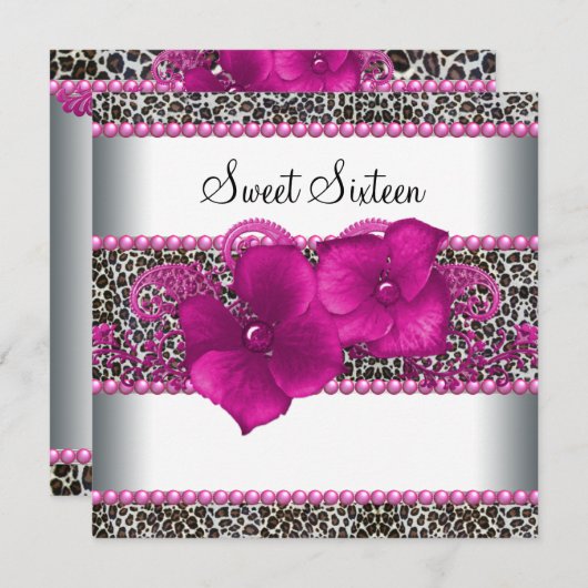 Felroze Luipaard Sweet Sixteen Verjaardagsfeestje Kaart (Voorkant / Achterkant)