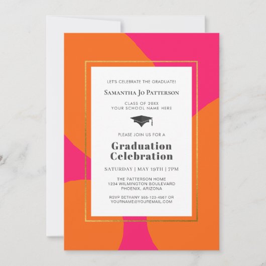 Felroze Oranje Trendy Afstudeerfeestje Kaart (Voorkant)