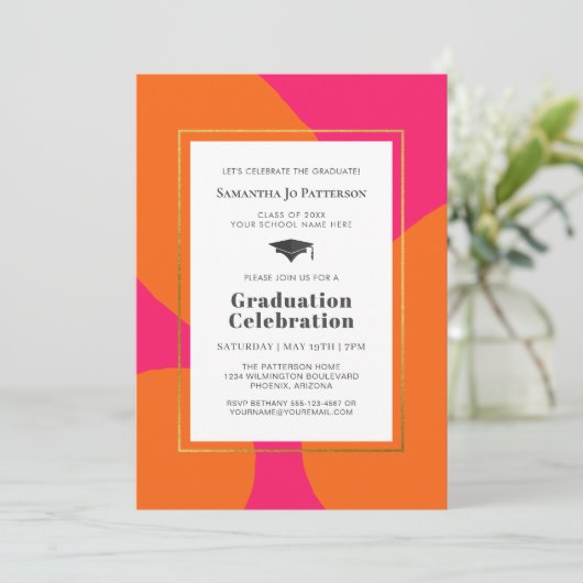 Felroze Oranje Trendy Afstudeerfeestje Kaart (Staand voorkant)