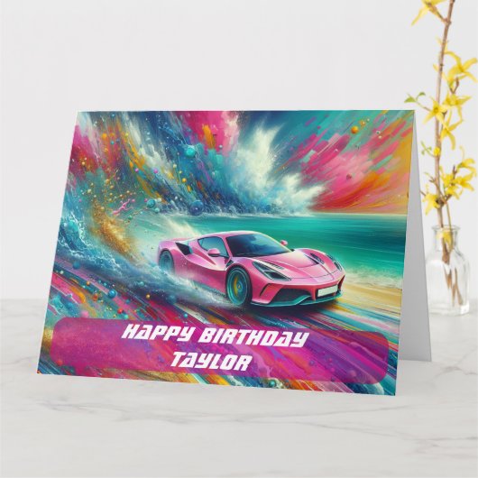 Felroze sportwagen op een tropisch strand kaart (Gele Bloem)