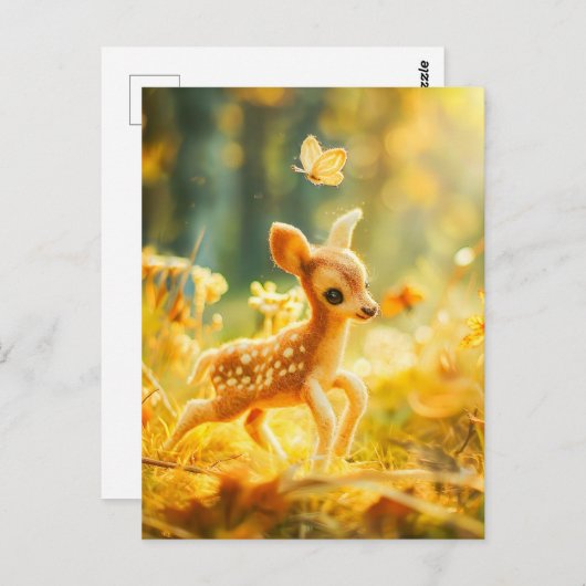 Felt Fawn in Sunny Clearing met Butterfly Briefkaart (Voorkant / Achterkant)
