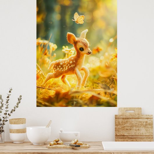 Felt Fawn in Sunny Clearing met Butterfly Poster (Keuken)