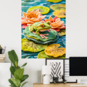Felt Green Frog op Lily Pads in Pond Poster (Thuiskantoor)