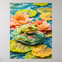 Felt Green Frog op Lily Pads in Pond Poster