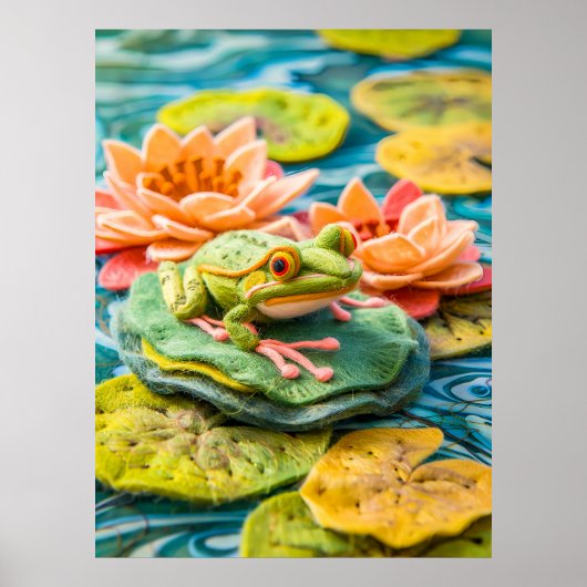 Felt Green Frog op Lily Pads in Pond Poster (Voorkant)