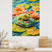 Felt Green Frog op Lily Pads in Pond Poster (Keuken)
