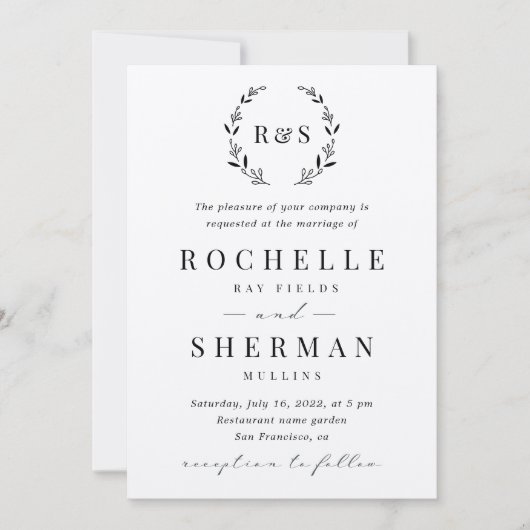 Felt White Premium Rustic Leaf Monogram Weddenscha Kaart (Voorkant)