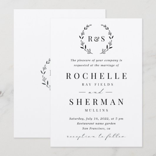 Felt White Premium Rustic Leaf Monogram Weddenscha Kaart (Voorkant / Achterkant)