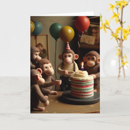Felted Monkeys Birthday Party Wenskaart Kaart (Gele Bloem)