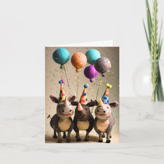 Felted Party Rhinos Celebration Kaart (Voorkant)