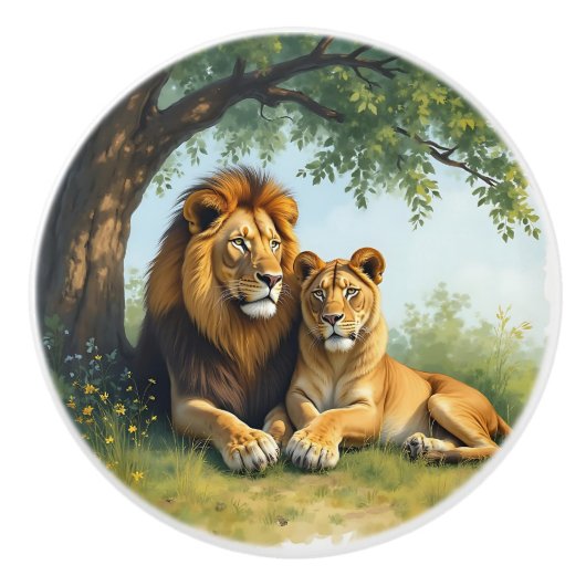 Female and Male Lions under a Tree Keramische Knop (Voorkant)