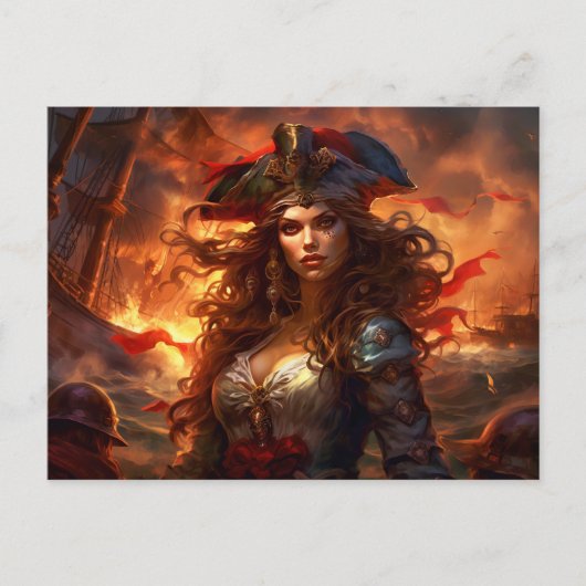 Female Pirate Before Burning Ship Fantasy Painting Briefkaart (Voorkant)