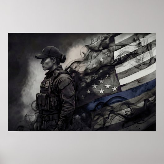 Female Police Tribute Blue Line American Flag LEO Poster (Voorkant)