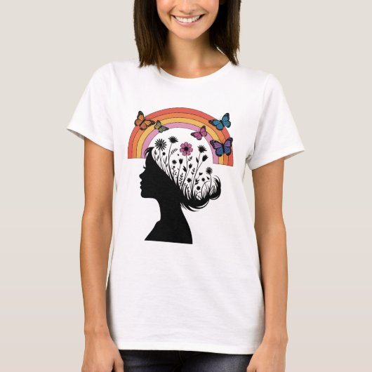 Female Silhouette Floral Rainbow Illustration T-shirt (Voorkant)