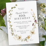 Feminine 80th Birthday Party Kaart<br><div class="desc">Dit onbestendige bloemontwerp is een prachtig vrouwelijke feestelijke uitnodiging om een 80ste verjaardag te vieren in trendy boho stijl. Het is geordend in een charmante bloem, open, met delicate bloesems in witte, gele, paarse en roze, met ingewikkelde groen. Alle tekst kan persoonlijk gepersonaliseerd zijn voor je partij, inclusief de leeftijd...</div>