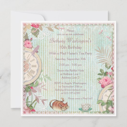 Feminine Alice in Wonderland Shabby Chic Birthday Kaart (Achterkant)